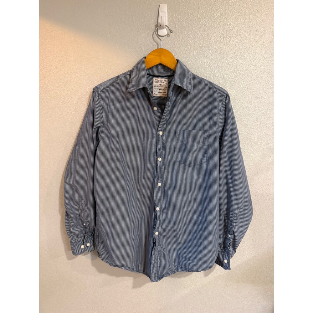 Wrangler Jeans Co Button Down Shirt Mens M Blue Pinstripe Long Sleeve Cotton